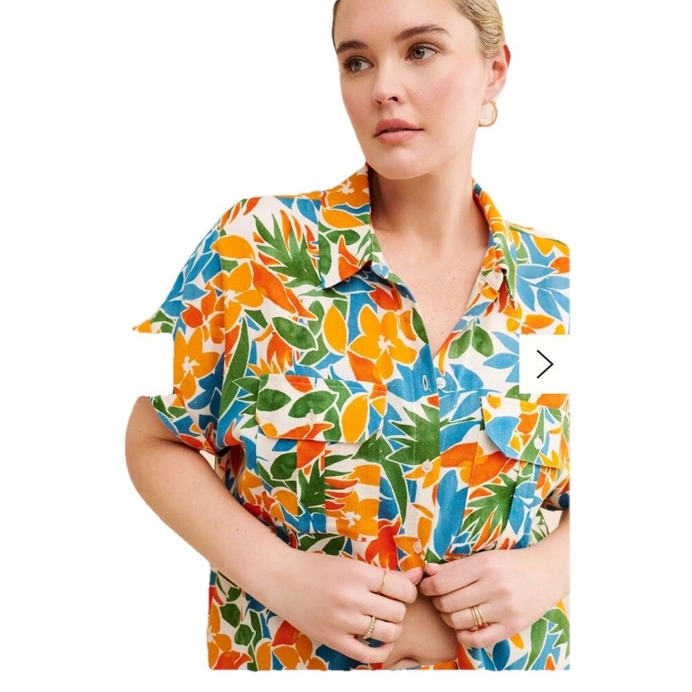Anthropologie ELOQUII Tropical Crop Boxy Button Up Size 16 Linen Vacation Summer